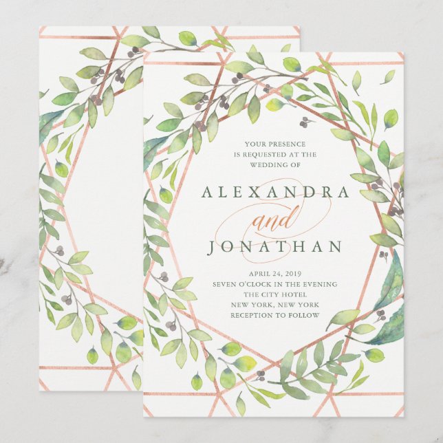 Invitación Botánico moderno | Boda de aspecto de cobre (Anverso / Reverso)