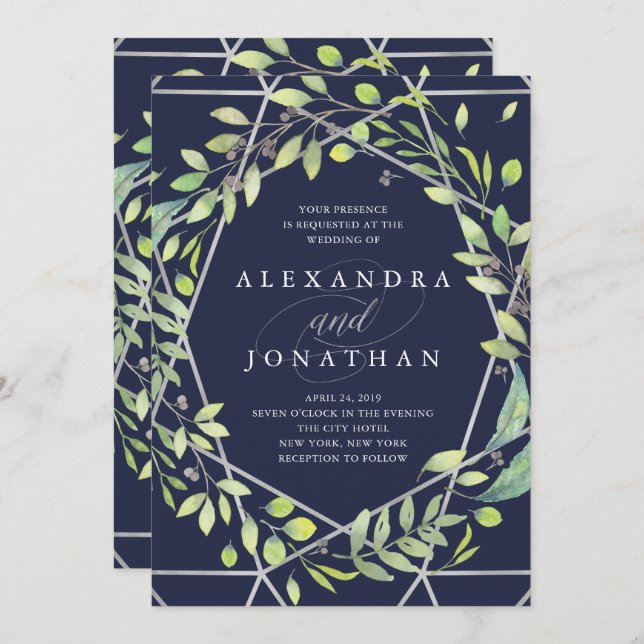 Invitación Botánico moderno | Boda Silver Look (Anverso / Reverso)