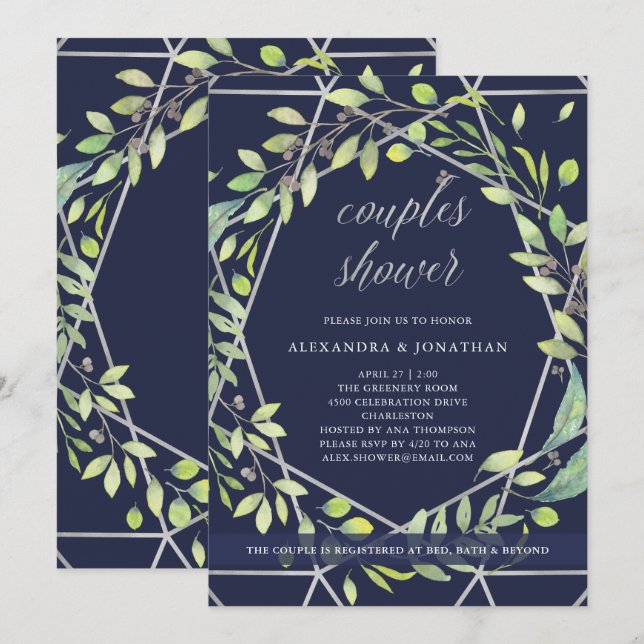 Invitación Botánico moderno | Ducha de las parejas de plata y (Anverso / Reverso)
