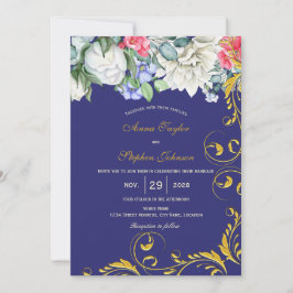 Invitación Botánico Remolinos de Oro Blanco Azul Rosa Púrpura