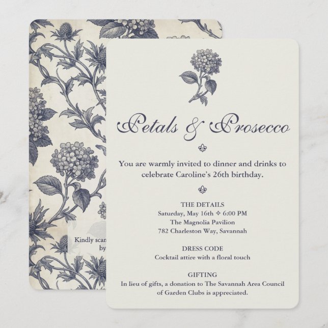 Invitación Botánico Toile Hydrangea y Cumpleaños de Cardo Mar (Anverso / Reverso)