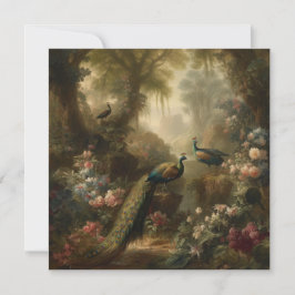 Invitación Botánico: tres pavos reales en jardín inglés