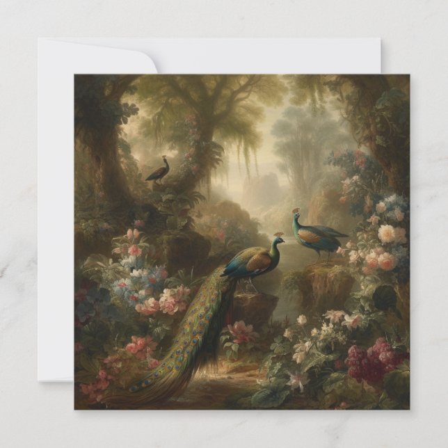 Invitación Botánico: tres pavos reales en jardín inglés (Anverso)