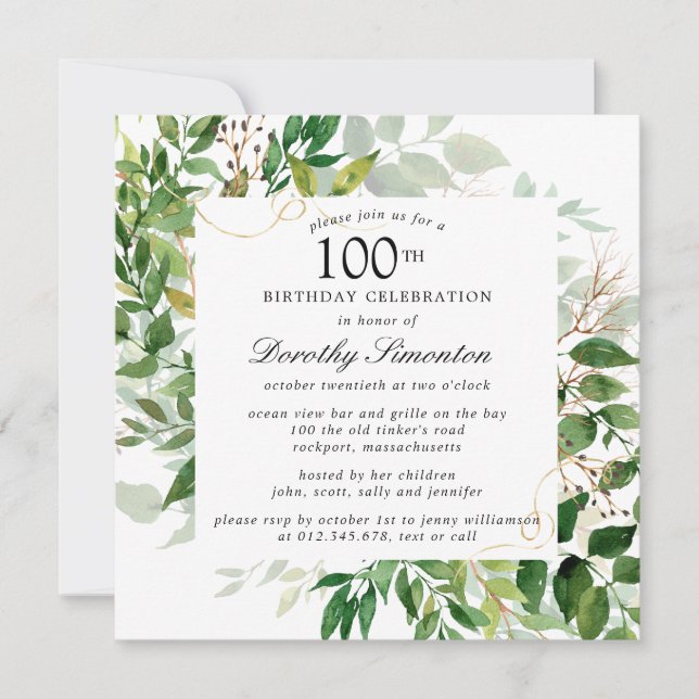 Invitación Botánico Verde Moderno Cumpleaños 100 (Anverso)