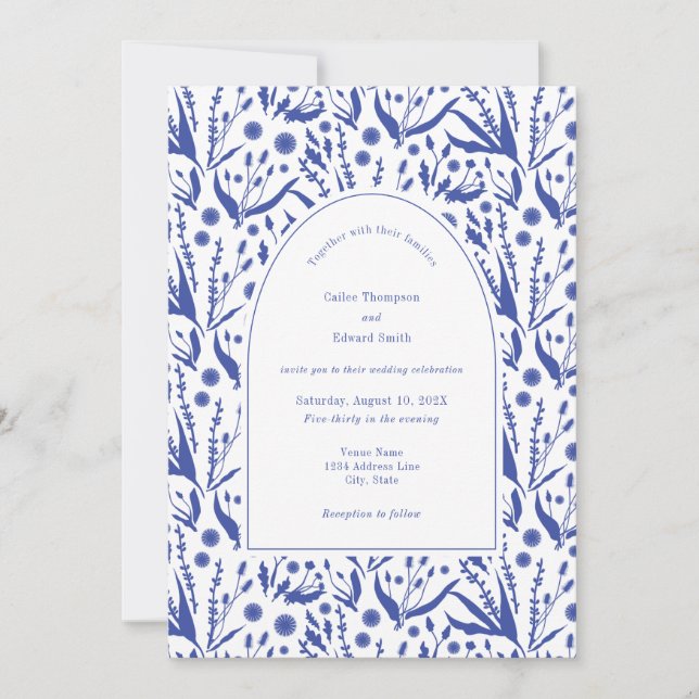 Invitación Botánicos clásicos elegantes en Boda azul (Anverso)