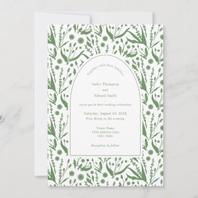 Invitación Botánicos clásicos elegantes en el Boda verde sabi (Anverso)