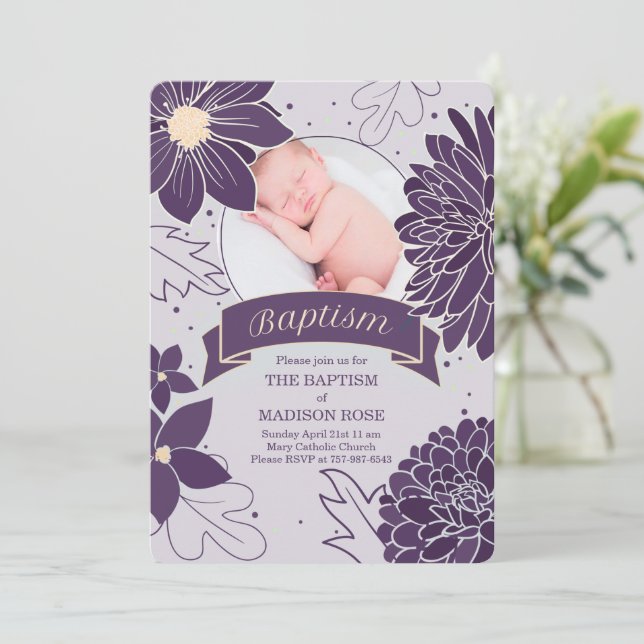 Invitación Botánicos de ciruela para Chicas con bautismo foto (Anverso de pie)