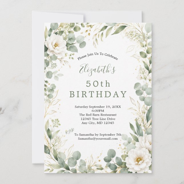 Invitación Botánicos de Eucalipto Flores Blancas 50 Cumpleaño (Anverso)