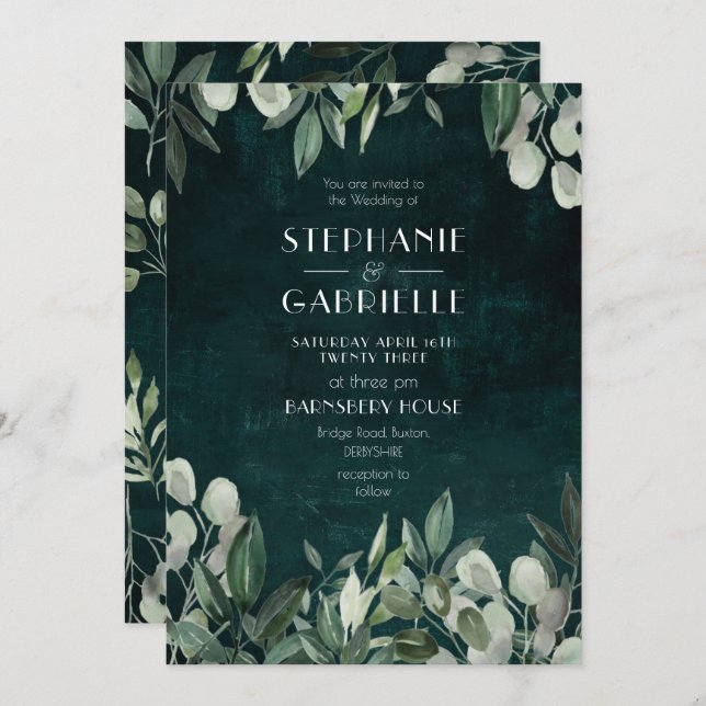 Invitación Botánicos de hoja de acuarela elegante verde cazad (Anverso / Reverso)