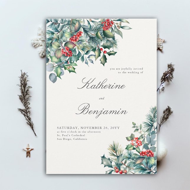 Invitación Botánicos de invierno formales Boda elegante Berry (elegant winter wedding invitation botanical frame formal traditional modern classic red berries)