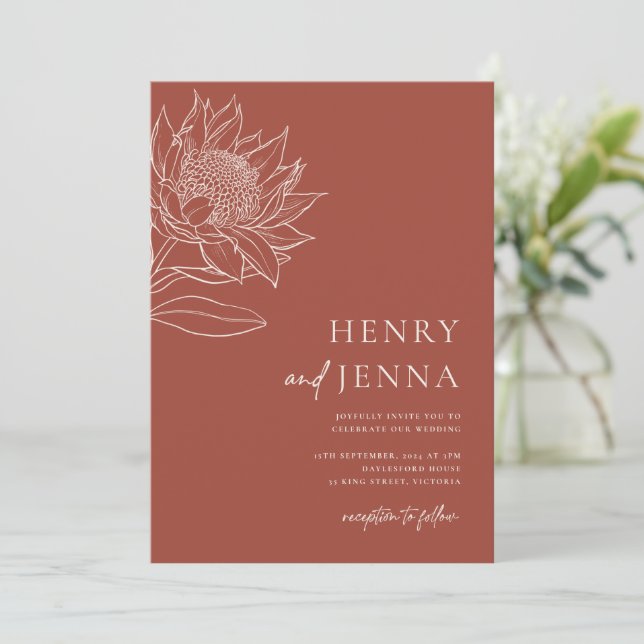 Invitación Botánicos nativos australianos Waratah Protea (Anverso de pie)