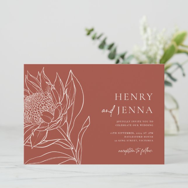 Invitación Botánicos nativos australianos Waratah Protea (Anverso de pie)