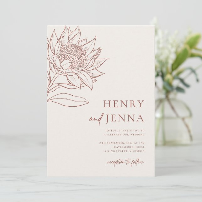Invitación Botánicos nativos australianos Waratah Protea (Anverso de pie)
