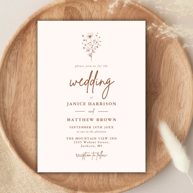 Invitación Botánicos Rústicos de Color Naranja Quemado para B (Rustic burnt orange botanicals wedding invitation sets a warm tone with a personalized elegant touch)