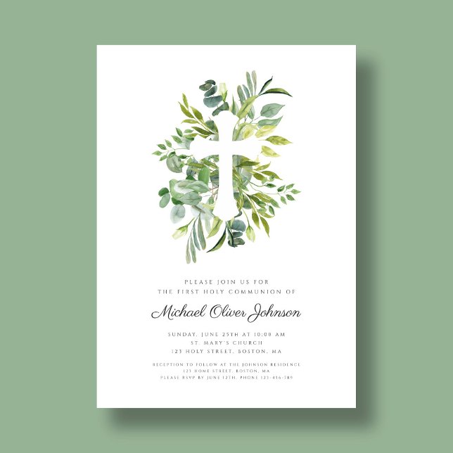 Invitación Botánicos verdes cruzan la primera comunión religi (Green Botanicals Cross Religious First Communion Invitation)