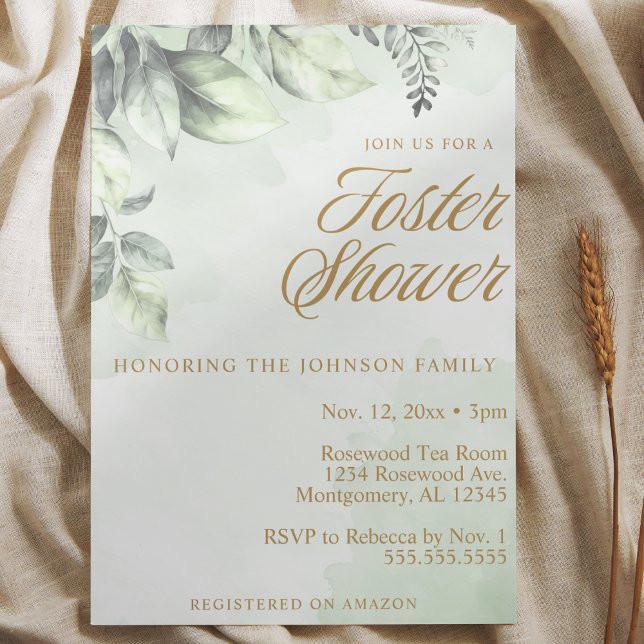 Invitación Botánicos verdes de cuidado de niños/Baby Shower (green botanical baby shower watercolor elegant script gold and sage green eucalyptus invitation)
