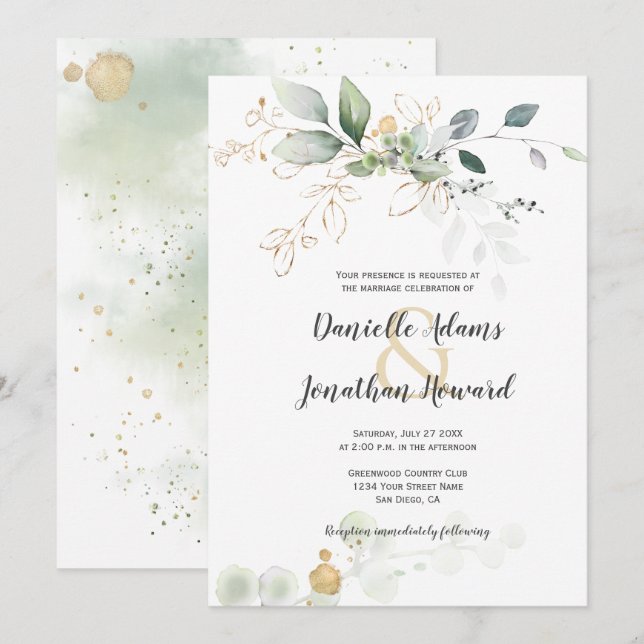 Invitación Botánicos verdes y dorados Boda de espumas de oro (Anverso / Reverso)