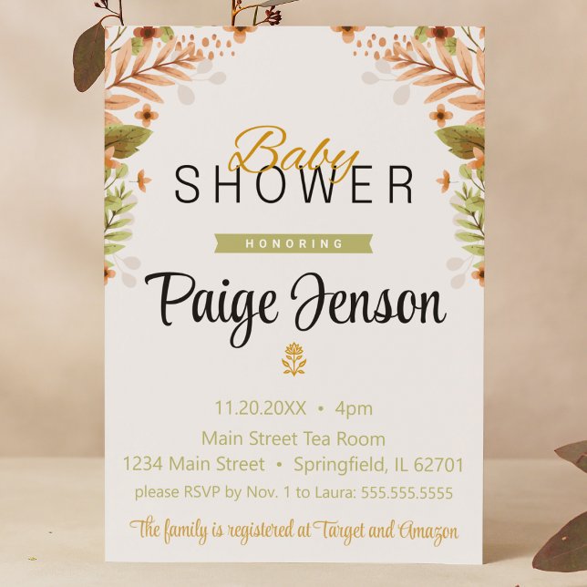 Invitación Botánicos verdes y marrones modernos de Baby Showe (Baby shower green brown botanicals floral woodland fall script cursive font banner cute classic )
