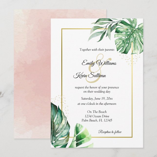 Invitación Botánicos y oro de Monstera Tropical | BODA (Anverso / Reverso)