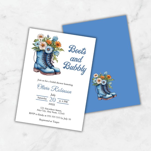 Invitación Botas Azules de Vaquera Occidental y Fiesta de Des (Western Cowgirl Blue Boots & Bubbly Bridal Shower Invitation )