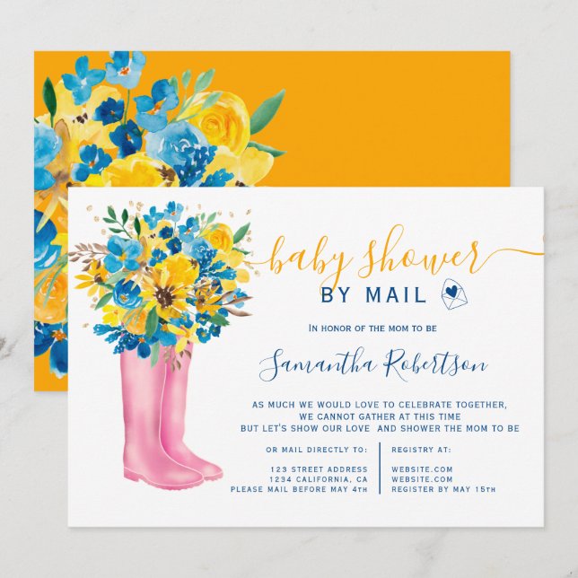Invitación Botas azules florales acuarela ducha de bebé por c (Anverso / Reverso)