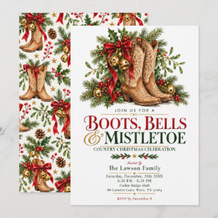 Invitación Botas Campanas y Muérdago Navidad Country