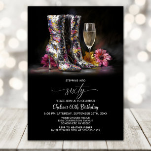 Invitación Botas con Lentejuelas Plateadas Fiesta de Cumpleañ