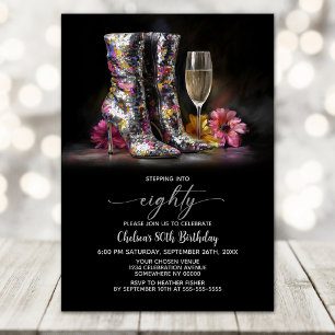 Invitación Botas con Lentejuelas Plateadas Fiesta de Cumpleañ