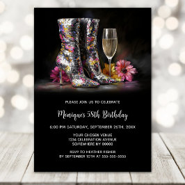 Invitación Botas con Lentejuelas Plateadas Fiesta de Cumpleañ