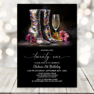 Invitación Botas con Lentejuelas Plateadas Fiesta de Cumpleañ