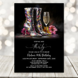 Invitación Botas con Lentejuelas Plateadas Fiesta de Cumpleañ