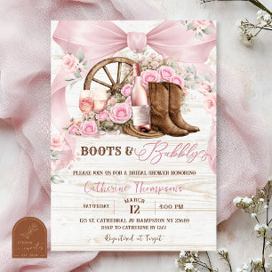 Invitación Botas Coquette con Lazo Rosa y Bridal Shower Burbu