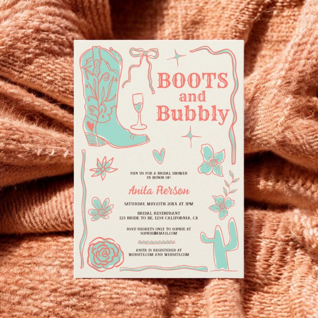 Invitación Botas corales botas burbujas burbujeante ducha de  (Coral scribbles boots bubbly bridal shower invitation)