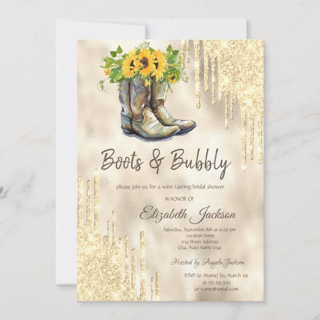 Invitación Botas de Ducha Nupcial de Girasoles con Drip de Or (Anverso)