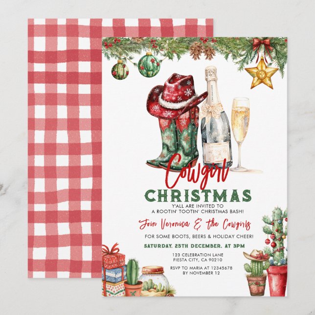 Invitación Botas de fiesta occidental de Navidad vaquera (Anverso / Reverso)