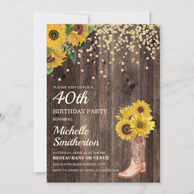 Invitación Botas de girasol rústico con brillo Cumpleaños 40 (Anverso)