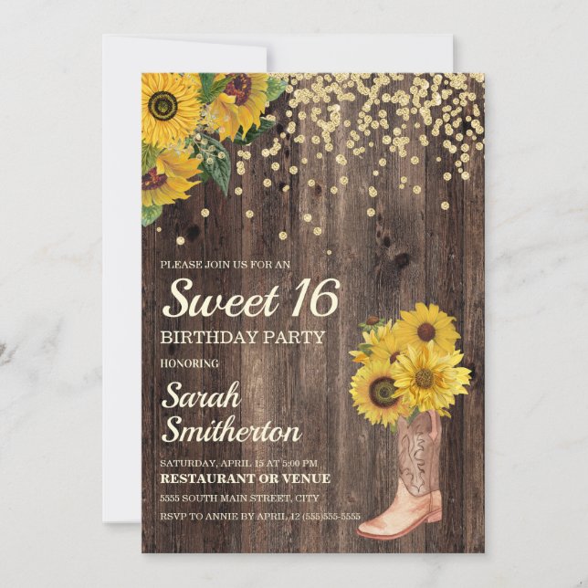 Invitación Botas de girasol rústico con brillo Cumpleaños Dul (Anverso)