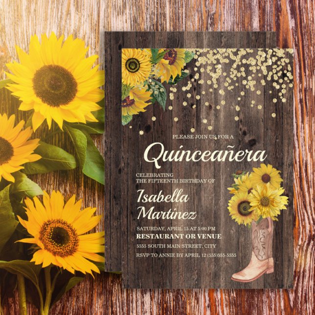 Invitación Botas de girasol rústico con brillo Quinceañera 15 (Sunflowers, cowgirl boots, and rustic wood Quinceanera birthday party invitation)