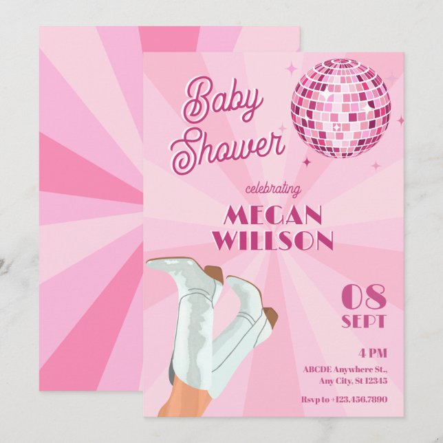 Invitación Botas de grooveja rosa bola de disco de bebé ducha (Anverso / Reverso)