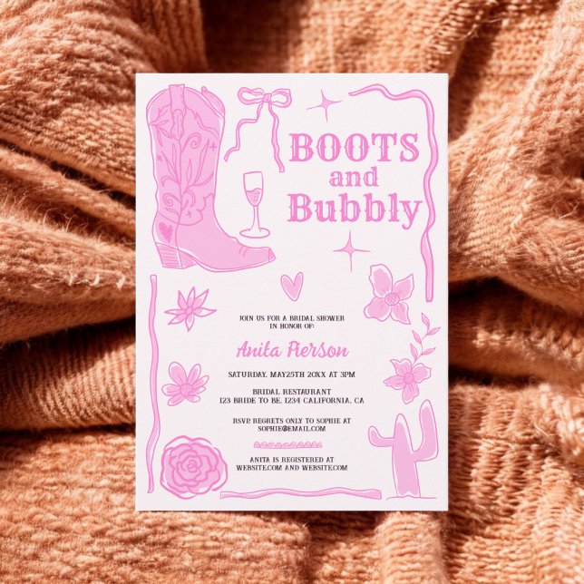 Invitación Botas de guijarros dibujadas a mano burbujeando la (Handdrawn scribbles boots bubbly bridal shower invitation)