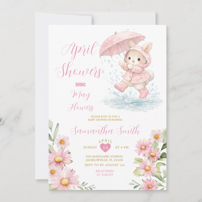 Invitación Botas de lluvia de conejito de primavera Flores ro (Anverso)
