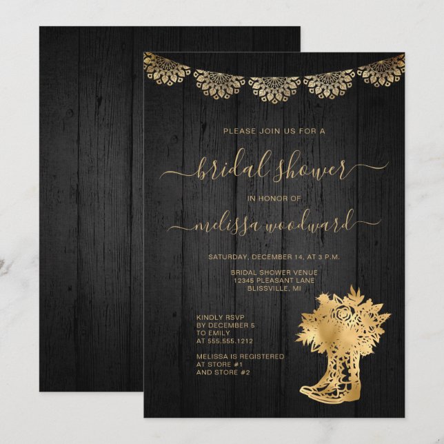 Invitación Botas de Madera Rústica Cordón Negro Oro Despedida (Anverso / Reverso)