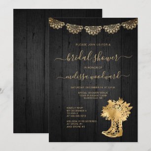 Invitación Botas de Madera Rústica Cordón Negro Oro Despedida