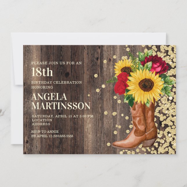 Invitación Botas de madera rústica para 18 cumpleaños girasol (Anverso)