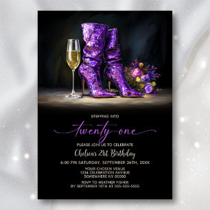 Invitación Botas de Purpurina Moradas Fiesta de Cumpleaños 21