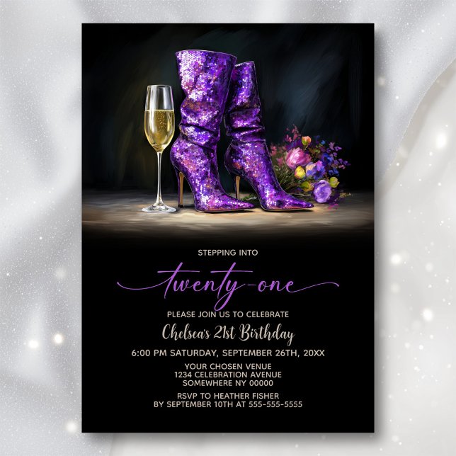 Invitación Botas de Purpurina Moradas Fiesta de Cumpleaños 21 (Subido por el creador)