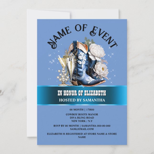 Invitación Botas de vaca con flores de peonía azul blanco (Anverso)
