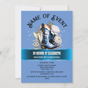 Invitación Botas de vaca con flores de peonía azul blanco