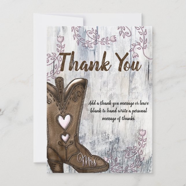 Invitación Botas de vaquera con corazón rosa agradecimiento p (Anverso)