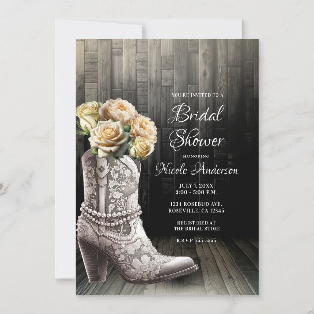 Invitación Botas de vaquera con encaje y flores blancas Rusti (Anverso)